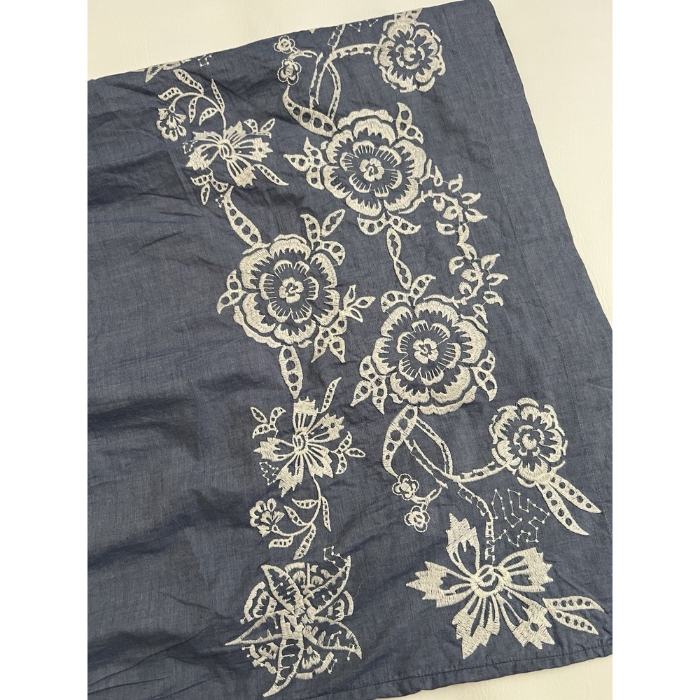 Talbots Blue Cotton Chambray Dress 16 XL Smocked Neck Floral Embroidered Hem - Picture 5 of 7